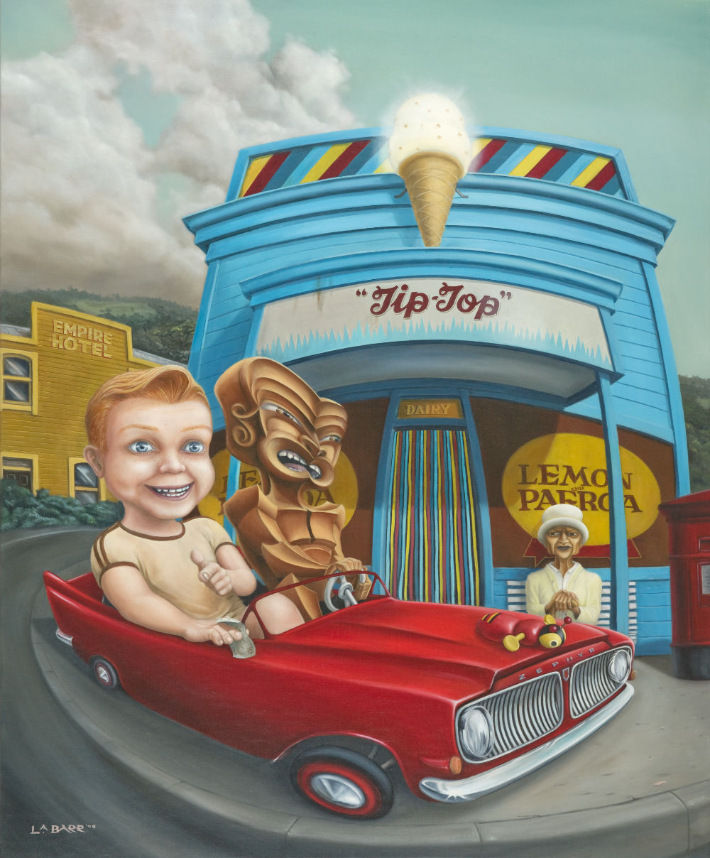 Kids riding box car past the dairy, based on my upbringing in Lyttelton.