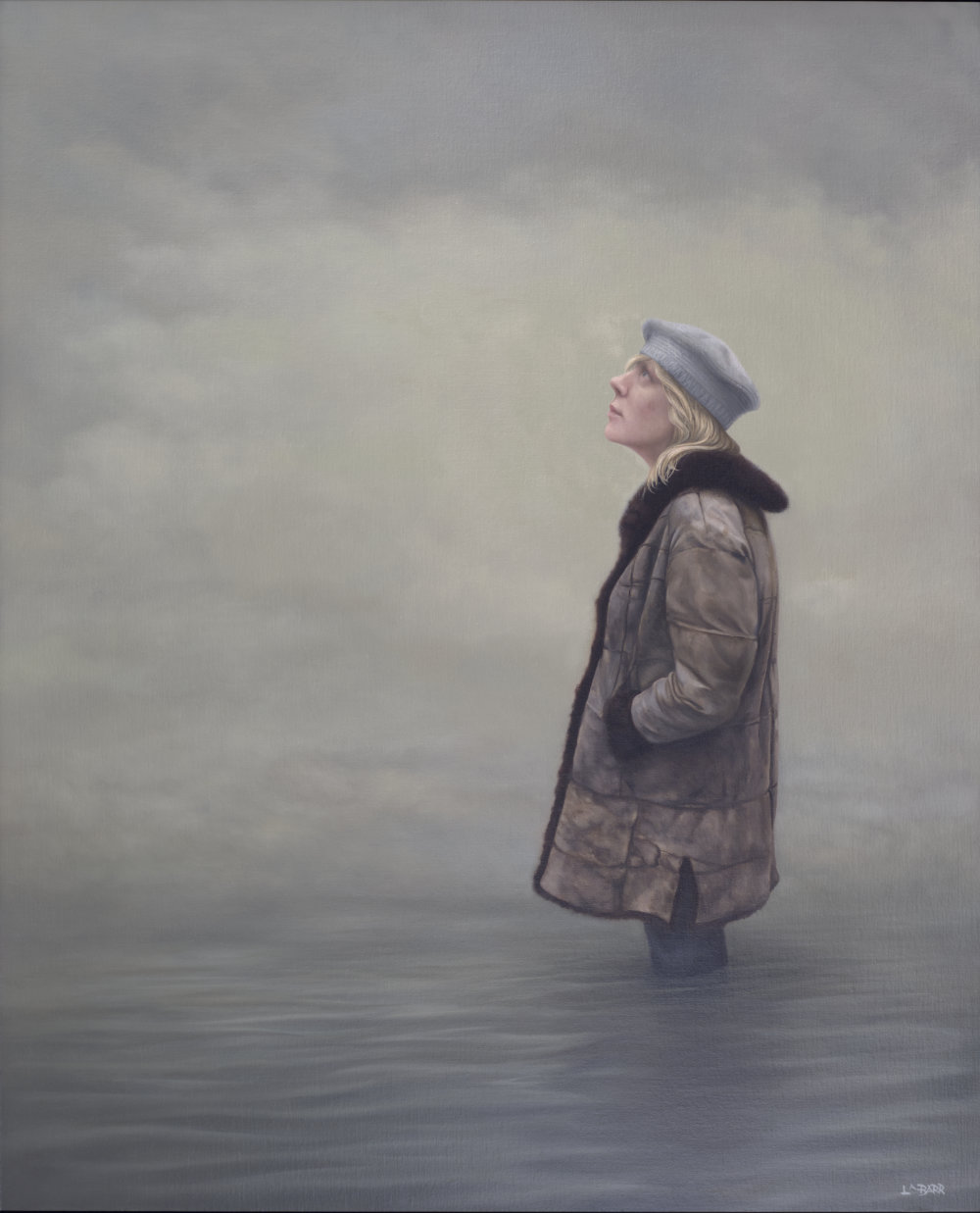 Painting of a woman standing in water looking into space.