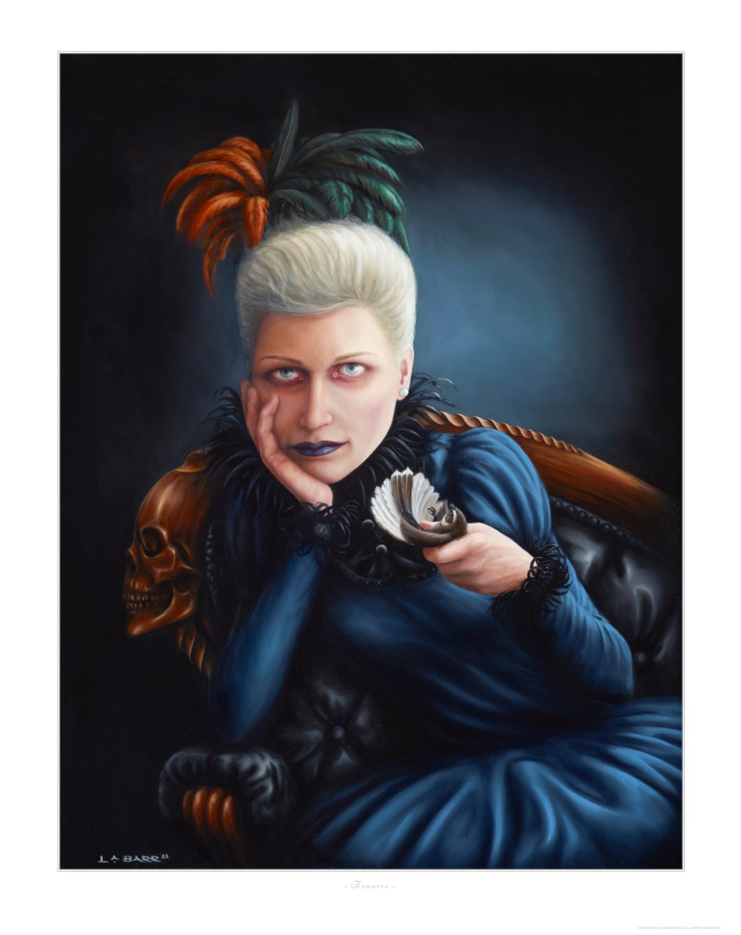 Frances Portrait of a woman on skull chair with Piwakawaka
