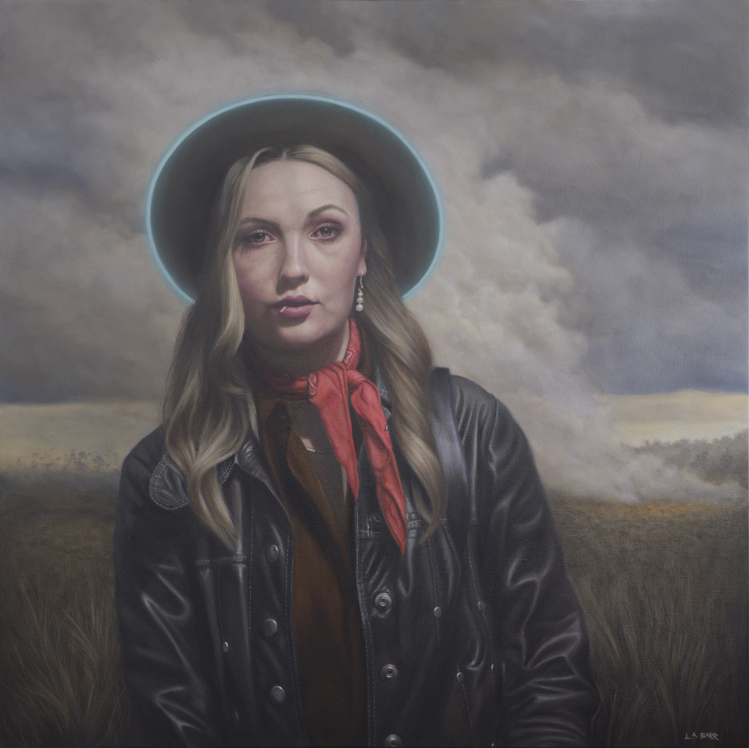 Painting of a woman making haste from grass fire.