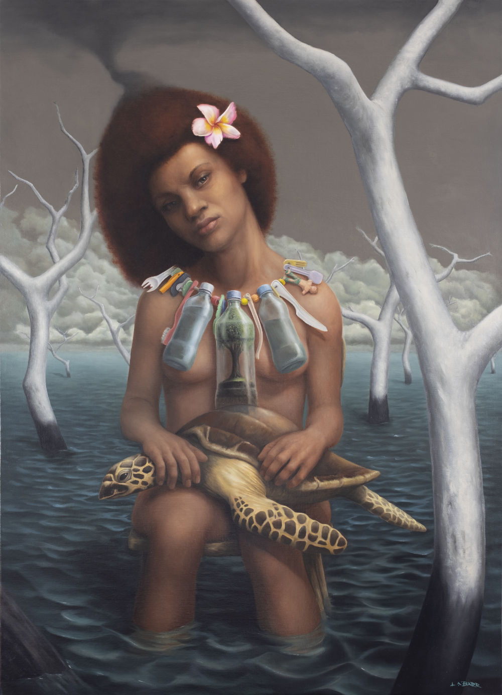 Contemporary oil painting of a woman sitting on a chair in flooded landscape