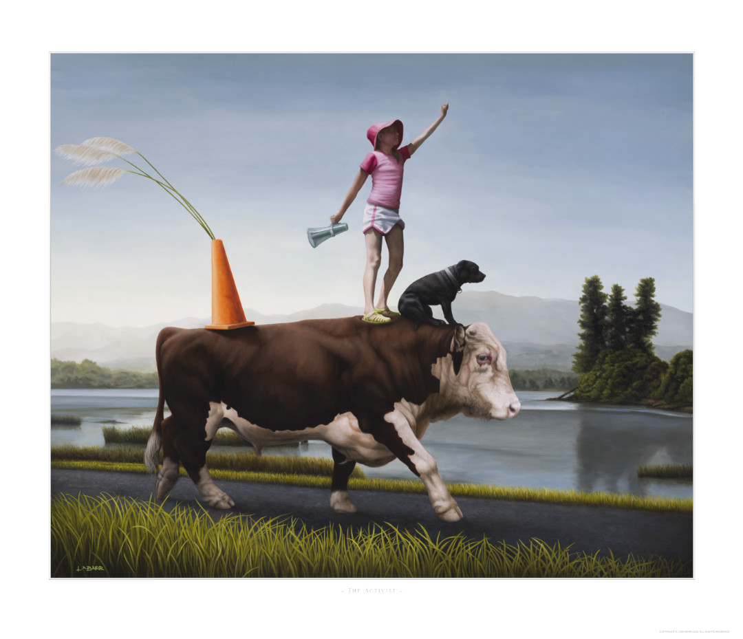 Girl standing on a steer with her dog and megaphone