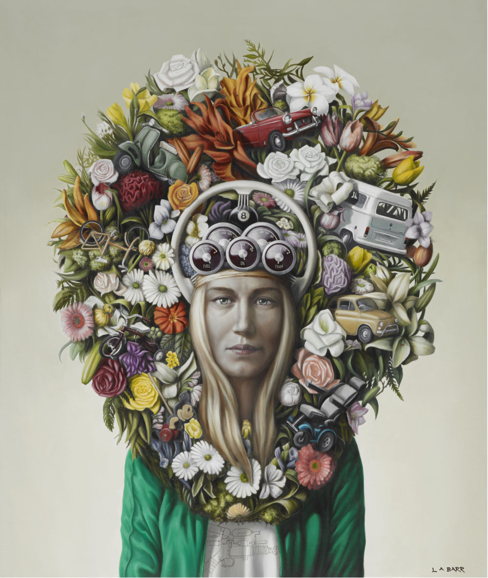 Contemporary oil painting of a young woman with motor vehicle referenced floral headdress